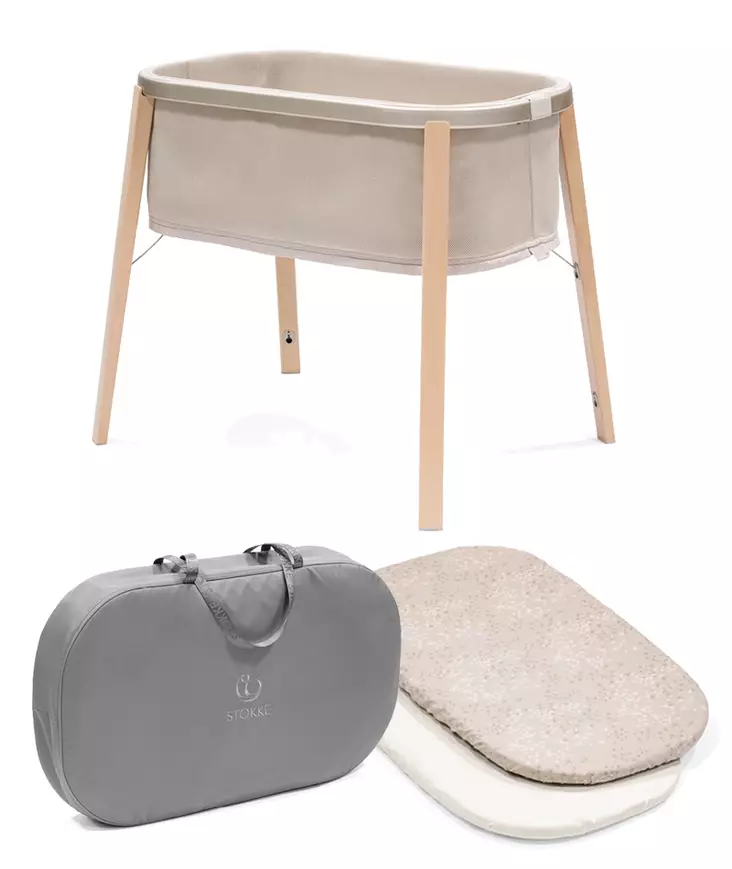 Stokke Snoozi sänky Sandy Beige ja muotolakanat sekä kuljetuslaukku. - Pinnasängyt ja lastensängyt - 629601kamp2 - 1