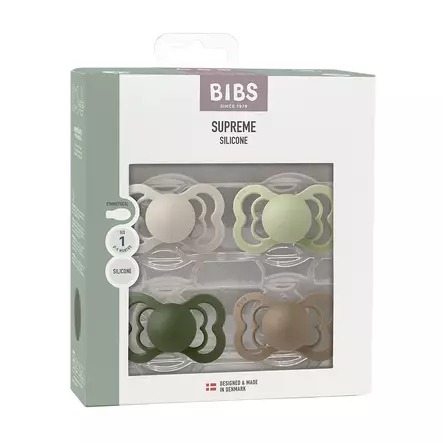 Bibs Supreme 4-pack silicone 0-6kk Sand/Sage/Hunter Green/Dark Oak pakkaus. - Tutit ja tuttinauhat - 160437 - 2